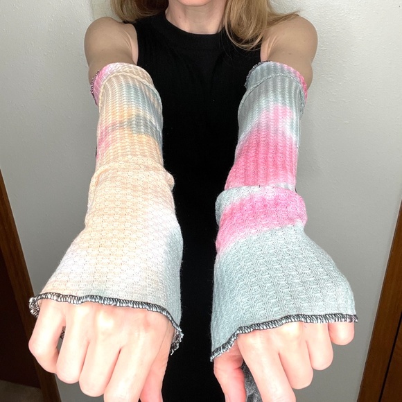 Mummy Bandage Gloves Pink Tie Dye Lace Up Arm Warmers Gray Ripped Whimsygoth Psy - Picture 9 of 11